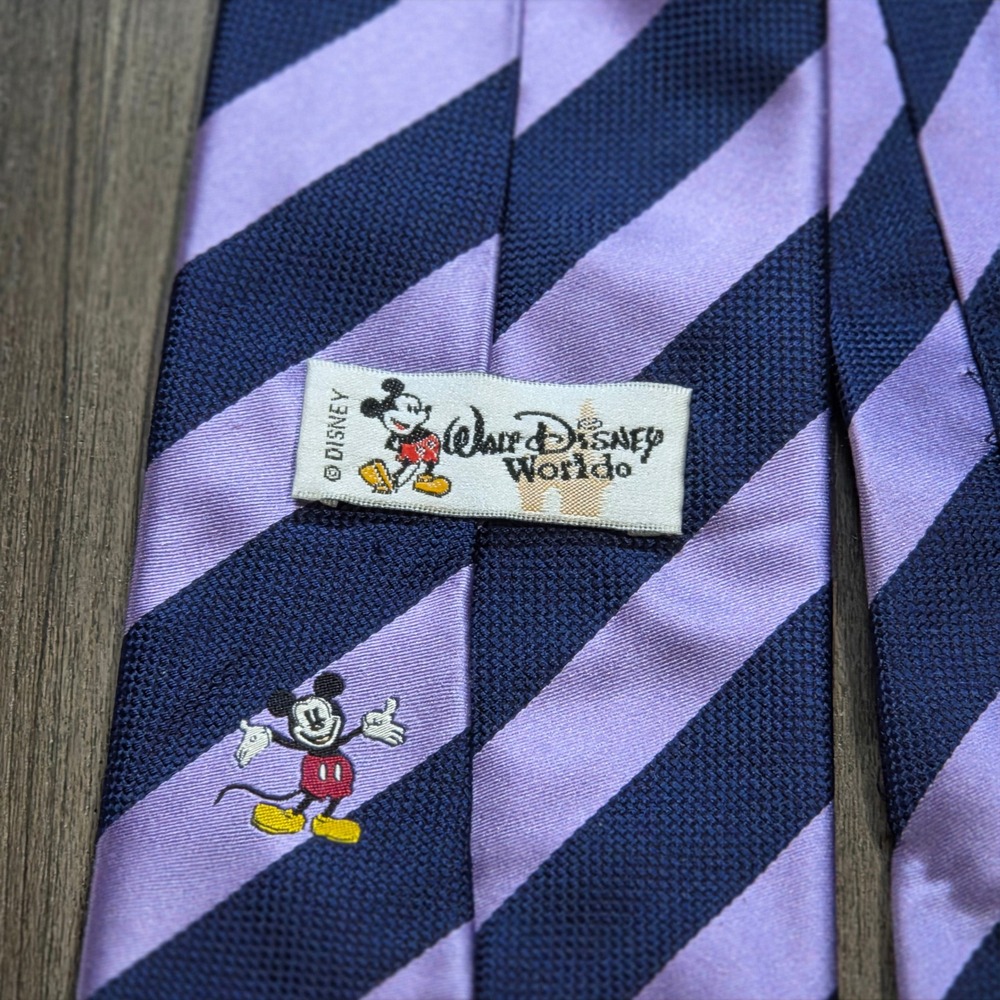 Walt Disney World Mickey Mouse Striped Tie Navy Purple Silk Blend Mens Necktie - Picture 4 of 5